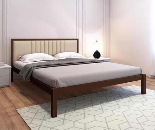 Image of Homdec Venus Wall-Supported Upholstered Headboard Metal Bed (Brown, Queen (U.K. Standard))
