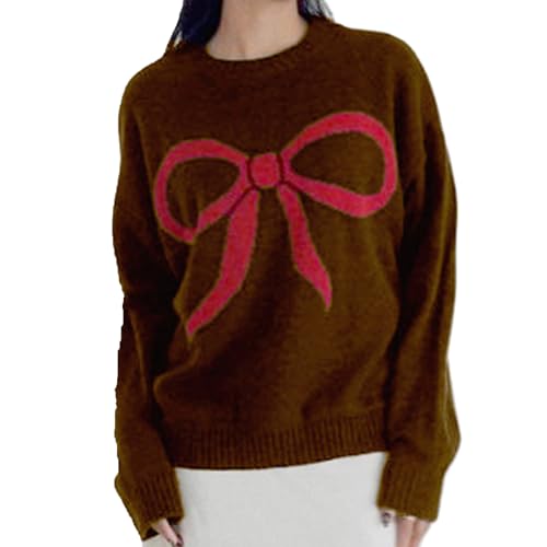 Image of Women Cute Bow Knit Sweater Y2k Long Sleeve Crew Neck Knitted Pullover Top Oversized Going Out Fall Winter Knitwear