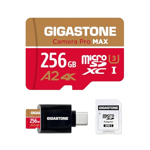 【5 Años Recuperación de Datos Gratis】 Micro SD GIGASTONE 256GB con Lector USB 3.2 Tipo C, 4K Pro MAX, hasta 130MB/s, Compatible con Gopro, dji, cámara de Coche, MicroSDXC UHS I A2 V30 U3