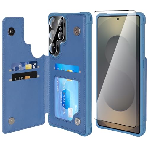 Housse Galaxy S25 Ultra en cuir bleu premium style portefeuille pour homme et femme