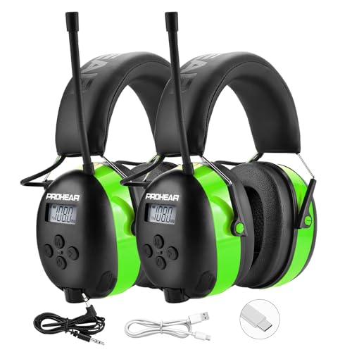 Image of PROHEAR 033 2Pack Bluetooth 5.4 Hearing Protection AM FM Radio Headphones, Upgraded Noise Reduction Safety Earmuffs with Rechargeable 1500 mAH Battery, Ear Protector for Mowing Lawn Work, 2Green