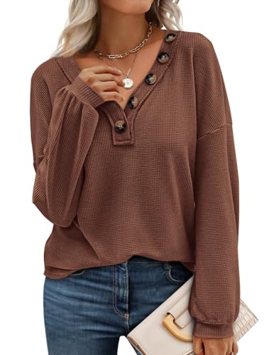 BTFBM Womens Fall Fashion 2025 Long Sleeve Shirts Spring V Neck Loose Casual Deco Button Lightweight Waffle Knit Tops(Brown, X-Large)