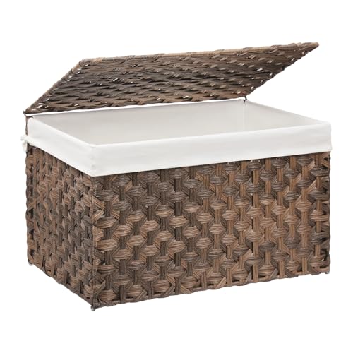 MOORLITER Wicker Storage Basket with Lid, 42.3 Gallon (160L) Large Blanket Basket with Lid, Woven Storage Bin with Handles, Removable Liner, Metal Frame, Foldable, for Bedroom, Laundry Room, Brown