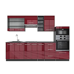 Vicco Complete keukeneenheid “Fame-Line”, Bordeaux hoogglans/antraciet, 280 cm zonder werkblad
