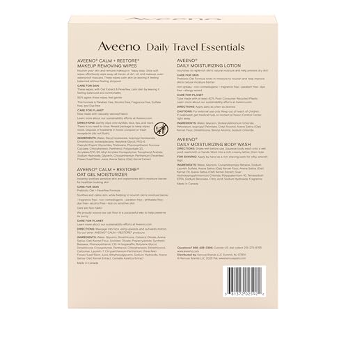 Image of Aveeno Daily Travel Essentials Gift Set with Daily Moisturizing Lotion, Daily Moisturizing Body Wash, Calm + Restore Makeup Removing Wipes, & Calm + Restore Oat Gel Moisturizer, 4 items