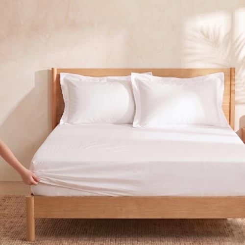 Image of Huesland 300 TC Premium 100% Pure Cotton Luxe Soft Touch Fitted Double Size Bedsheet Cotton with 2 Pillow Covers | White | 60 x 78 Inches