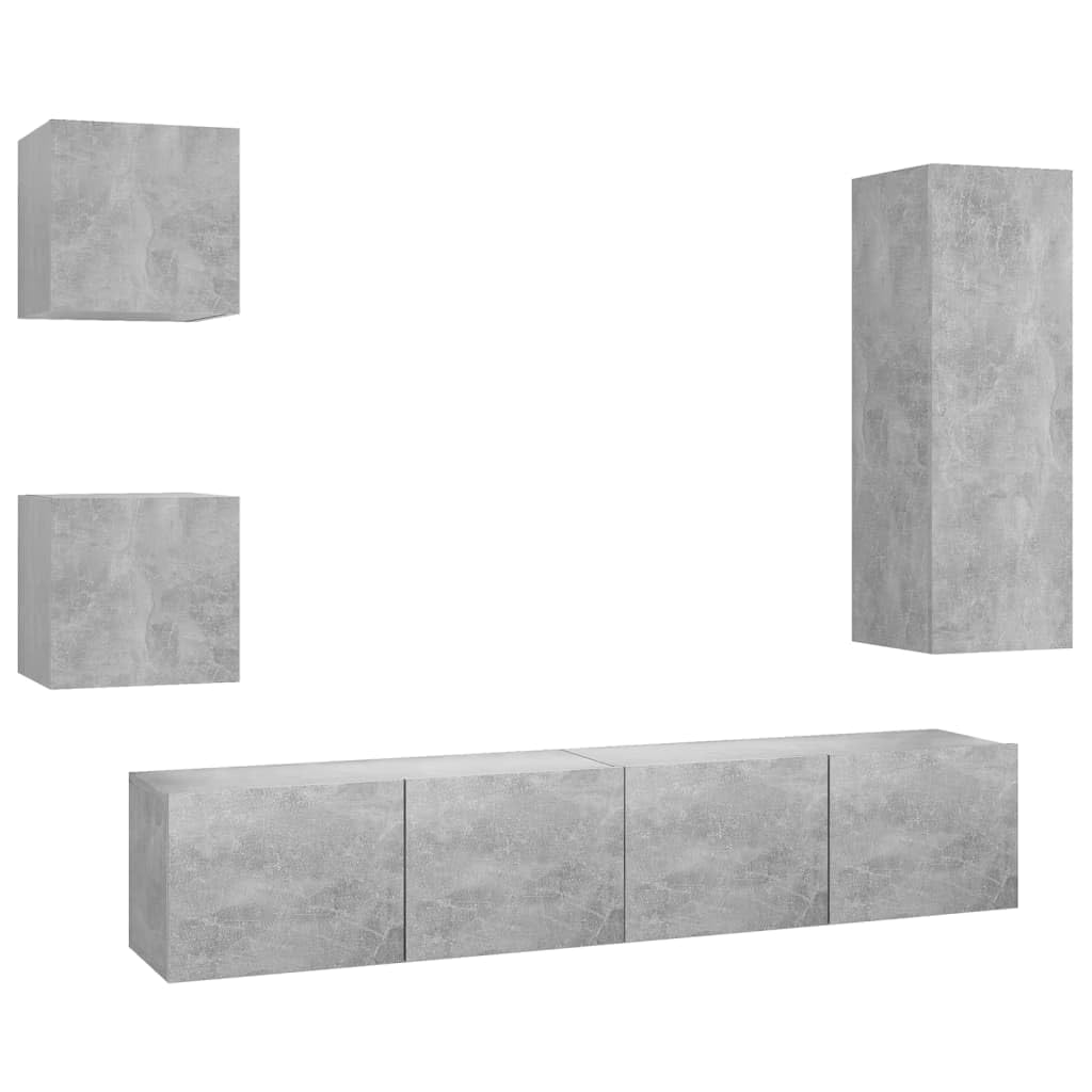 5-TLG. TV-Schrank-Set, Betongrau Holzwerkstoff, Wandmontage, Modernes Media-Center für Wohnzimmer, Schlafzimmer, Stauraum, 30-90 cm Breite