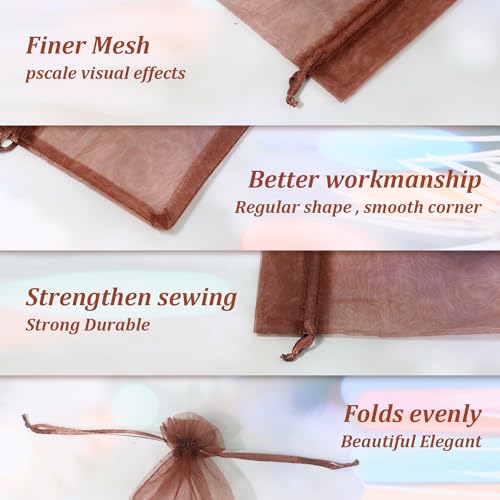 Image of Hopttreely 100PCS Sheer Organza Bags, 4x4.72 Brown Satin Drawstring Organza Jewelry Pouch Wedding Party Favor Gift Bag