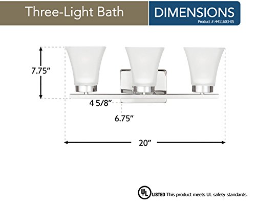 Image of Sea Gull Lighting 4411603-05 Bayfield Three-Light Bath or Wall Light Fixture with Satin Etched Glass Shades, Chrome Finish