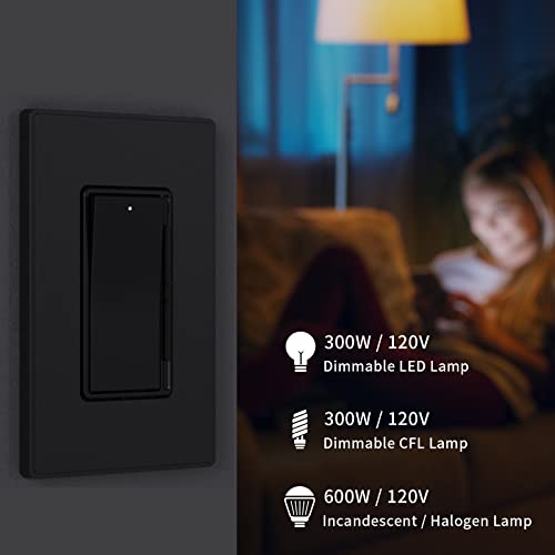 Elegrp Digital Dimmer Light Switch For 300W Dimmable Led/Cfl Lights And 600W Incandescent/Halogen, Single Pole/3-Way Led Slide Dimmer Light Switch, Wall Plate Included, Ul Listed, 6 Pack, Matte Black #TOP6