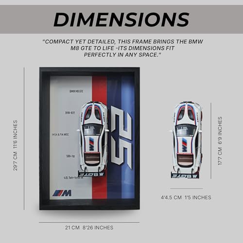 Image of CodersParadise - BMW M8 GTE (White) 3D Car Frame Wall Art | 1:32 Die-Cast Metal Model Car with Wooden Display Frame | Detachable Miniature, Interchangeable Posters, Pull-Back Action, Lights & Opening Doors | Unique Gift for Cars Lovers & Home Decor