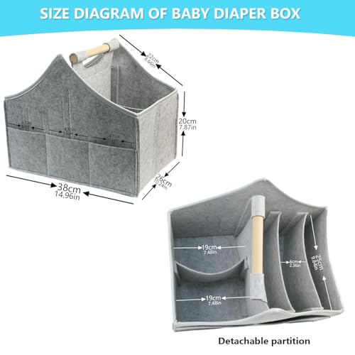 Image of Baby diaper caddy organizer, car felt caddy, baby product storage basket, solid wood handle, detachable partition storage basket for daycare,Best Gift Basket for Babies (grey)
