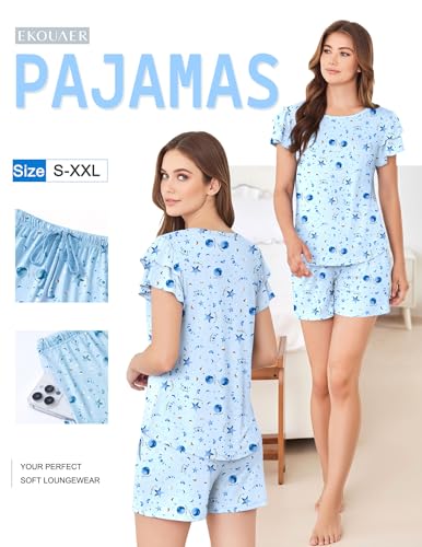 Image of Ekouaer Womens Pajama Sets 2 Piece Ruffle Sleeves Top and Shorts Pjs