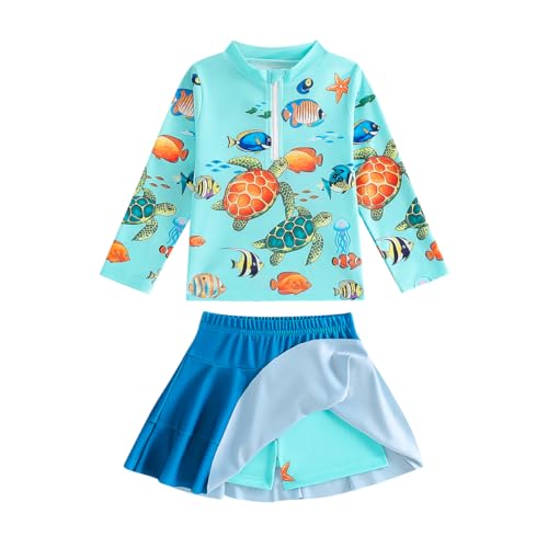 Image of Girls Rash Guard Swimsuit Set UPF 50+ Long Sleeve Two Piece Swimwear Half Zip with Skirt Bottom for Kids 3-10Y