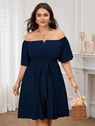 Image of SCOMCHIC Womens Plus Size Cocktail Dress Summer Off Shoulder Short Sleeve Flowy Ruffle A-Line Cute Mini Dress with Belt