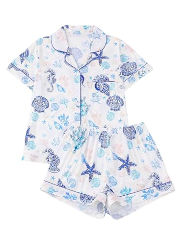 MakeMeChic Women's 2 Piece Pajama Set Starfish Button Down Shirt and Shorts Pjs Lounge Sets