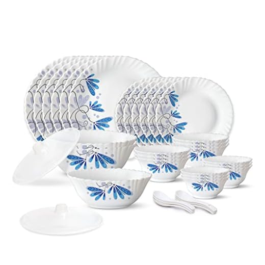 Larah by Borosil Twilight Silk Series Opalware Dinner Set, 35 Pieces, White