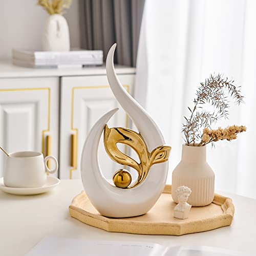 Fjs Art Ceramic Statue For Home Decor, Table Decorations For Living Room Bedroom Office Table Centerpiece, Coffee Table Decor 12" H Modern Ceramic Abstract Art Sculpture Shelf Decor Accents.white Gold #TOP1