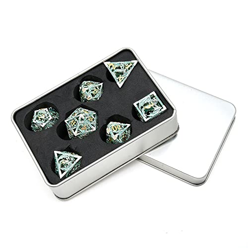 Hollow Metal Dnd Game Dice Dragon Shape Carved Silver And Green 7Pcs Set For Dungeons And Dragons Rpg Mtg Table Games D&D Pathfinder Shadowrun And Math Teaching (With Metal Case) #TOP2