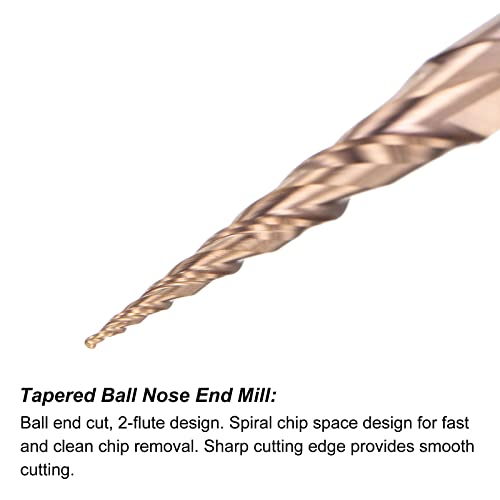 Image of uxcell Tapered Ball Nose End Mill, TiSiN Coated Solid Carbide 2 Flute Spiral Milling Cutter, 0.25mm Radius, 0.5mm Diameter, 4mm Shank, 50mm Length, 9.76 Degree Angle