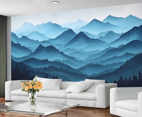 Image of GIVLWF Mountain Wallpaper, Forest Blue Mountain Self Adhesive Wallpaper for Living Room, Modern Mountains Wall Paper for Bedroom, Vintage Wall Mural, Natural Landscape Large Mural & Room Decor