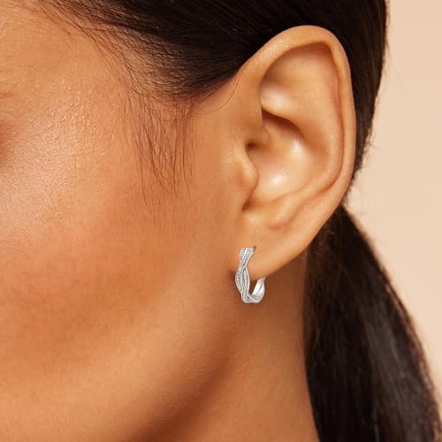 Jewelili Sterling Silver Twisted Hoop Earrings for Women | 1/6 CTTW White Diamonds or Treated Black and Natural White Round Diamonds | Hinge with Notched Post | Luxury Jewelry Gift for Her | Gift Box Included3