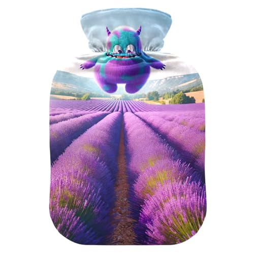 Cartoon Animal Floating Lavender Field Hot Water Bottles Water Heating Pad Hot Water Bag for Hot and Cold Compress, 1 Liters