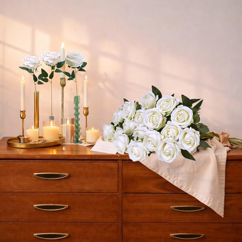 Image of 50 PCS Ivory Roses Artificial Flowers, Fake Roses with Stem Realistic Silk Roses for DIY Wedding Bouquets Tables Centerpieces Arrangements Baby Shower Birthday Home Decor Valentine's Day Gift for Her