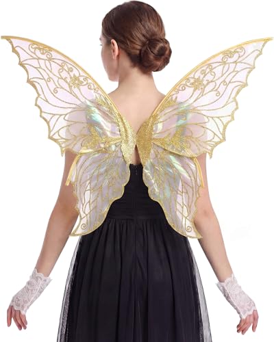 YKW Fairy Wings for Women with Lace Gloves Large Butterfly Cosplay Wings Iridescent Costume Wings for Party Photography Props Adult Dress Up Accessories (Gold)