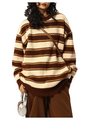 SOLY HUX Women's Striped Oversized Sweater Vintage Crew Neck Dressy Casual Knit Pullover Tops Brown...
