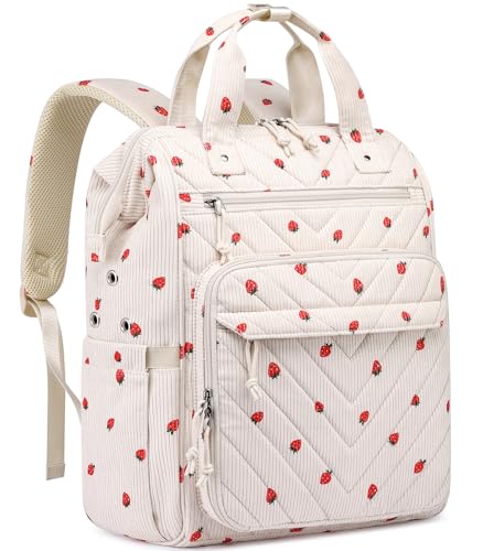 Kuosdaz Crochet Bag Backpack Yarn Storage Large Crochet Storage Organizer for Knitting & Crochet Accessories Kawaii Corduroy Crochet Supplies Mother Gifts for Women Beige Strawberries