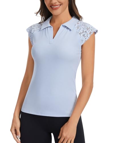 Soneven Women's Cap Sleeve Polo Shirts Lace V Neck Short