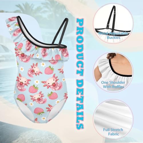 Girls One Piece Bathing Suit Size 3-14 One Shoulder Ruffle Swimwear Casual Summer Beach Swimsuits with Strap4