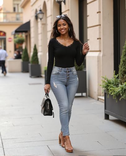 Crewhpo Camiseta Manga Larga para Mujer Básica Túnica Top con Encaje Cuello en V Blusas T-Shirt Clásico Elegante Causal Camisetas