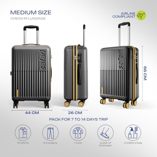 Image of Safari Medium Astra Neo 8 Wheels 66cm Size Check-in Trolley Bag, Hard Case Polycarbonate, 360 Degree Wheeling Luggage for Men & Women, Travel Bag, Suitcase for Travel, Trolley Bags for Travel, Black