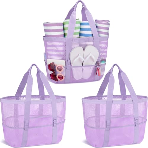 Image of Hillban Large Beach Mesh Bags Bulk for Women Beach Tote Bag with 8 Pocket Zipper Waterproof Sandproof for Pool Cruise Ship