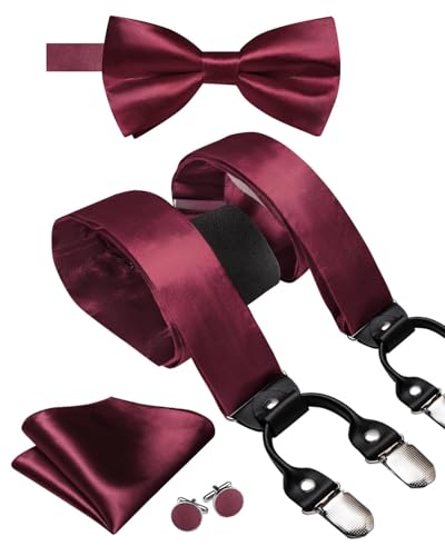 Image of Hi-Tie Men Suspender Bowtie Set Suspenders Pre-tied Bow Tie Pocket Square Cufflinks Adjustable Y Shape 6 Clips Braces Tuxedo