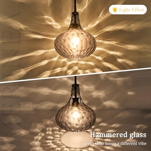 Image of 11 inch Blue Hammered Glass Pendant Light, Black Finish, E26 | 11 inch blue hammered glass pendant light with black finish, adjustable rod, E26 socket, ideal for kitchen islands.