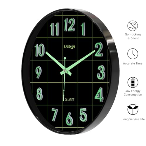 Image of RANDOM Modern 12.75INCH Wall Clock with 3D Radium Numbers, Silent Non-Ticking, Premium Black Frame, Ultra Clear Glass for Living Room, Home Office