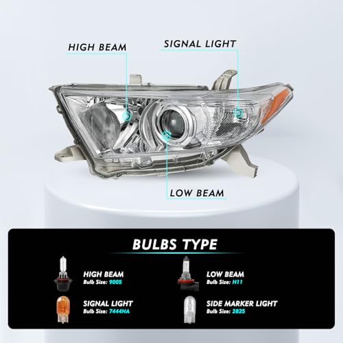 TUSDAR Headlight Assembly Compatible with 2011 2012 2013 Toyota Highlander Headlamps Driver and Passenger Side (Chrome Housing with Amber Reflector) - Image 3
