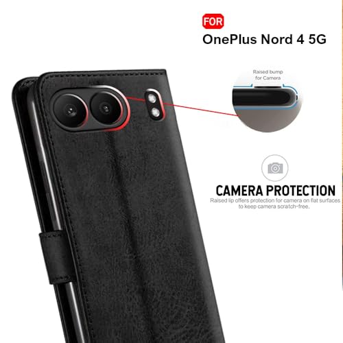 Image of TheGiftKart Genuine Leather Finish Flip Back Cover Case for OnePlus Nord 4 5G | Inbuilt Pockets & Stand | Wallet Style | Designer Button | Flip Cover Back Case for OnePlus Nord 4 (Faux Leather, Black)