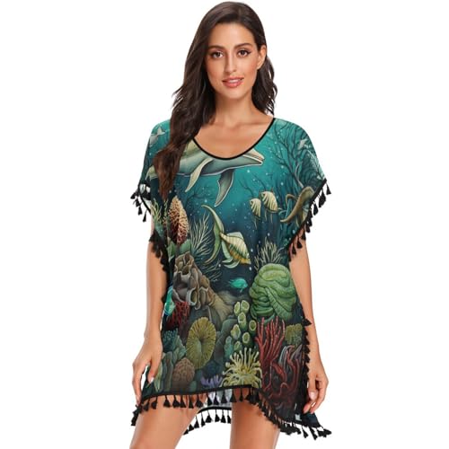 Watercolor Art Sea Whale Women's Beach Cover Up Chiffon Tassel Swimwear Swimsuit Coverups for Girl