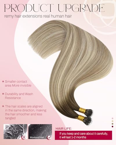 Image of Moresoo Nano Ring Hair Extensions, Brown Dirty Blonde Ombre, 20 Inch | 50g 50 strands, heat-styleable human hair, nano ring extensions for flexible placement and added length