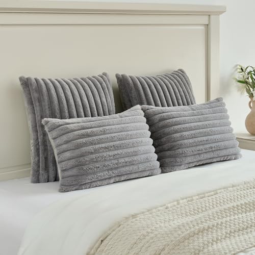 FUTEI Grey Striped Decorative Throw Pillow Covers 16x16 Inch Set of 2,Square Fall Decorations Couch Pillow Case,Soft Cozy Faux Rabbit Fur & Velvet Back,Modern Home Decor for Bed