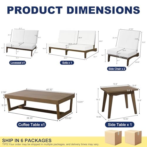 Image of Pia Ricoo 6-Piece Patio Furniture Set, Outdoor Wood Sofa with Loveseat, 2 Chairs, Coffee Table & Side Table, All-Weather Conversation Set for Backyard /Deck /Lawn - Beige
