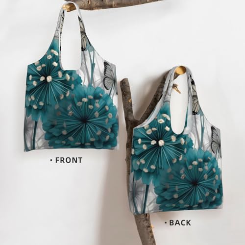 (Gray Teal Flower Butterfly) Large Tote Shoulder Bag Fashion Canvas Handbag Reusable Shopping Bag Travel Bag For Women3