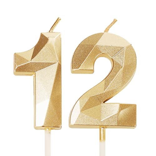 Bougies d'anniversaire pour 12e anniversaire, numéro 12 en or Joyeux anniversaire, décorations de gâteau pour garçons et filles pour la fête...