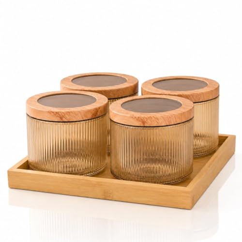 Image of Borosilicate Golden Ribbed Glass Storage Jar Set with Bamboo Tray, Set of 4 (500ml), Airtight Round Glass Containers with Bamboo Lids & Silicone Seal, Dry Fruit Storage Jars for Spices