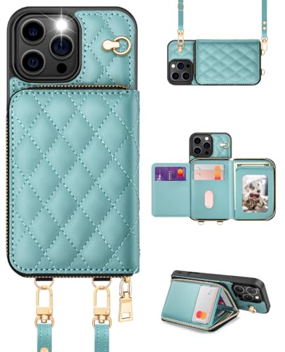 Coque iPhone 16 Pro étui portefeuille à fermeture zippée et fentes cartes motif losange vert clair