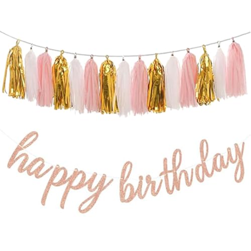 Happy Birthday Banner and Tassel Garland Set, Rose Gold and Pink Party Decorations